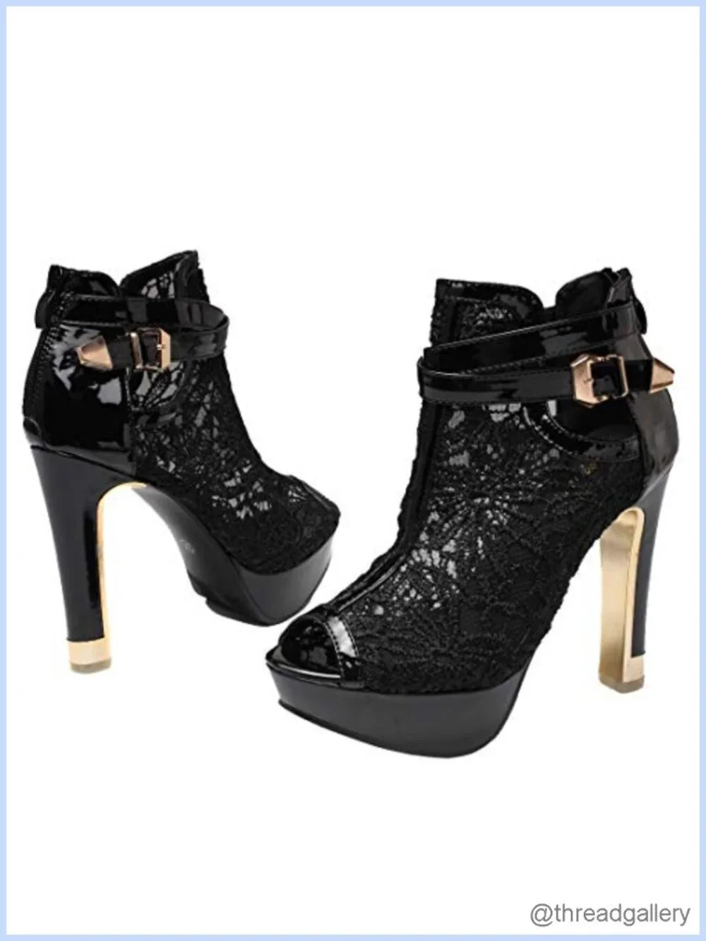 Faux Leather Lace Flower Open Toe High Heel Ankle Boots